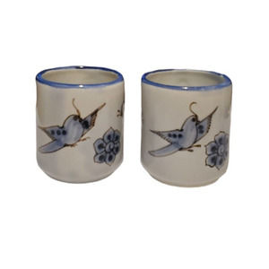 Tonala Pottery Blue Bird Mug Cup Mexican Hand Painted Folk Art Signed Lot of 2